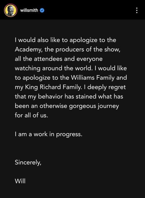 ウィル・スミスがアカデミー賞授賞式でのクリス・ロックへの平手打ちを謝罪