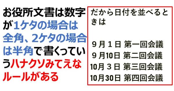 お役所文書は、数字が1ケタの場合は全角で書くって糞ルールがある