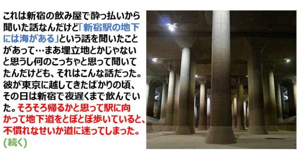 【不思議な話】新宿の飲み屋で「新宿駅の地下には海がある」という話を聞いたことあるんだけど・・・