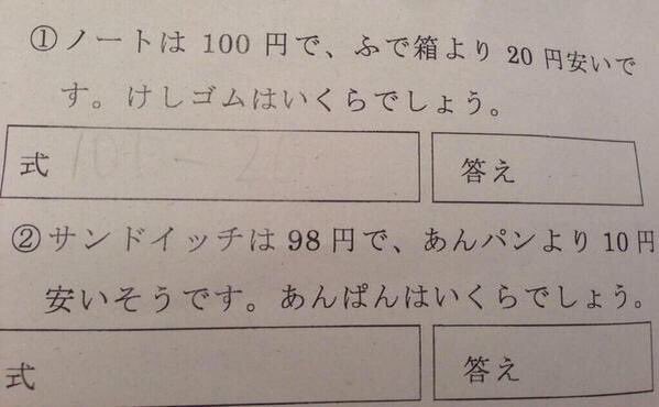 ノートは100円で、ふで箱より20円安いです。けしゴムはいくらでしょう？