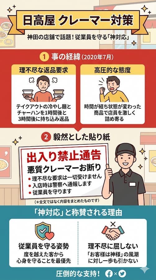 「今後この方を出入り禁止にします」神田の日高屋がクレーマー対策で神対応