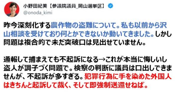 小野田紀美議員「農作物の盗難は、絶対に許せないし許してはいけない問題・・・犯罪行為をした外国人はきちんと裁いて即強制送還すべき」