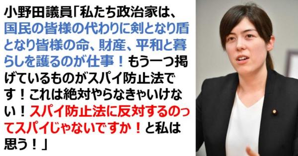 小野田紀美議員「スパイ防止法に反対するはスパイじゃないですか！と私は思う！」