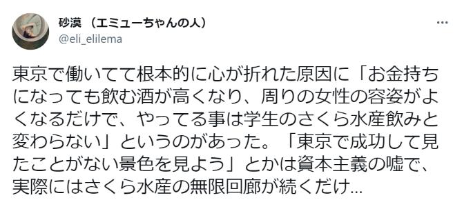 「東京で成功して見たことがない景色を見よう」とかは資本主義の嘘で、実際にはさくら水産の無限回廊が続くだけ