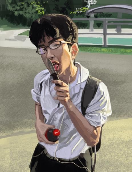 舌でナイフを舐めるオタク少年のコラ画像
