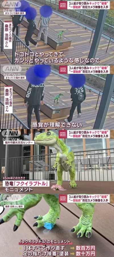 福井駅にある総額1億円の恐竜モニュメント、少年3人組が何度もキックして破壊してしまう