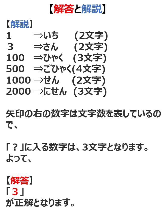 【問題】「1→2」、「3→2」、「100→3」、「500→4」、「1000→2」、「2000→?」