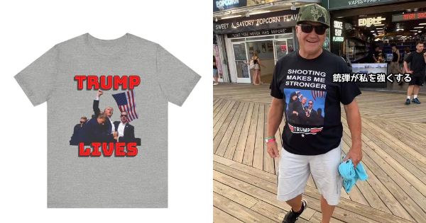 アメリカの通販サイトさん、トランプ前大統領銃撃事件を受けて、早速「トランプ生存Tシャツ(Trump Defiant T-Shirts)」を発売して、資本主義の王者の貫禄を見せつける