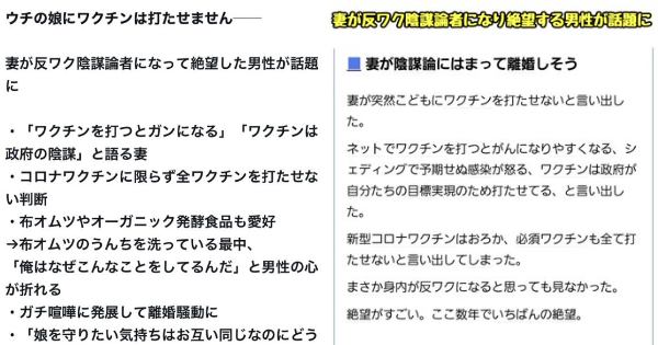 「ウチの娘にワクチンは打たせません」妻が反ワク陰謀論者になって離婚騒動になり絶望した男性が話題に・・・