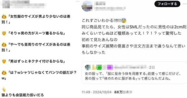 フェミニストさん「女性服のサイズが男より少ないのは差別！」