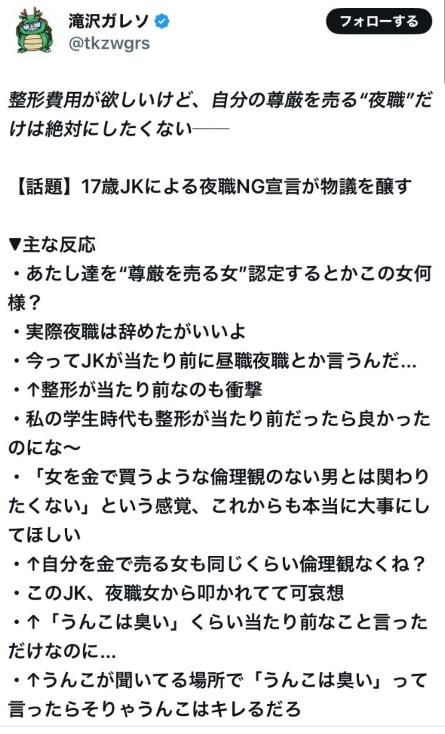 17歳JKさん、「整形費用が欲しいけど、自分の尊厳を売る"夜職"だけは絶対にしたくない」と夜職NG宣言をした結果、夜職女さんたちから一斉に叩かれてしまう