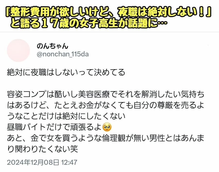 17歳JKさん、「整形費用が欲しいけど、自分の尊厳を売る"夜職"だけは絶対にしたくない」と夜職NG宣言をした結果、夜職女さんたちから一斉に叩かれてしまう